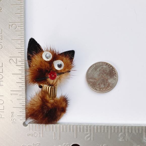 VTG Mid Century Brooch Mink Fur Cat Halloween Kitsch Googly Eyes Novelty Pin - Picture 5 of 7